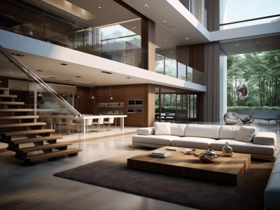 Living Room In A Modern House With Glass Walls And Stairs