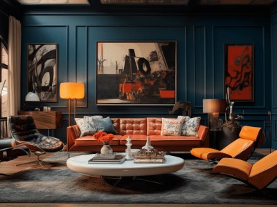 Living Room In Blue And Orange With Art