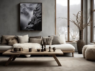Living Room In Scandinavia With Fireplace, Grey Sofa And Table