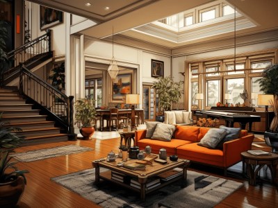 Living Room Is Adorned With An Orange Couch