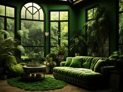 Living Room Is Green With Windows And Green Plants