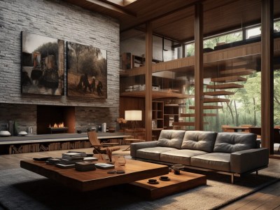 Living Room Is In Wood And Stone Building With High Ceiling