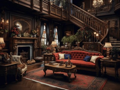 Living Room Of A Victorian Home Has A Fireplace And Is Decorated With Red Couch
