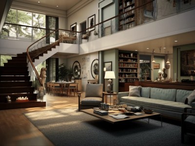 Living Room Rendering With Staircase And Coffee Table