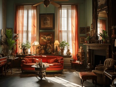 Living Room Scene With A Red Couch And Curtains