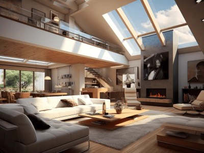 Living Room That Has A Skylight And Fireplace