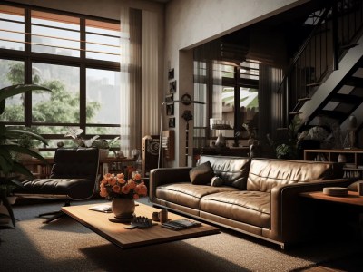 Living Room That Includes Leather Couches, Coffee Table, And An Open Staircase