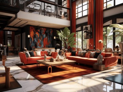 Living Room That Is Decorated With Furniture In Red Or Orange Colors