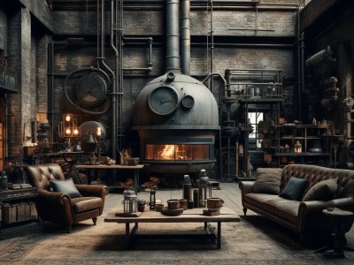 Living Room That Is Decorated With Wooden Furniture In A Steam Punk Style
