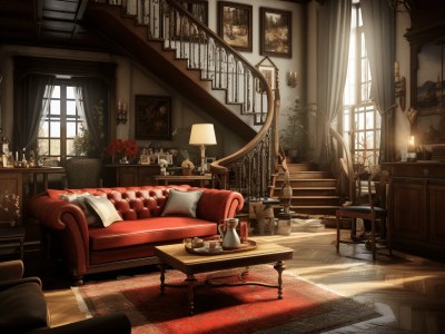 Living Room With A Red Leather Couch And Stairs
