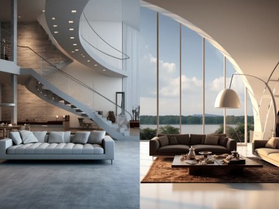 Living Room With A Spiral Staircase And Couches