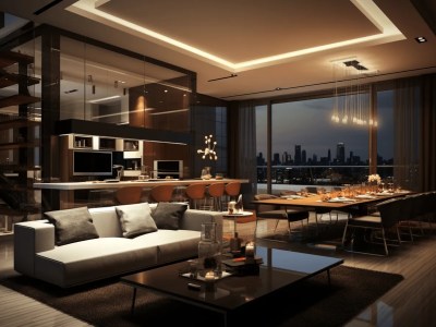 Living Room With A View Of A City Skyline