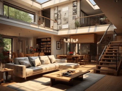 Living Room With A Wooden Floor And An Atrium