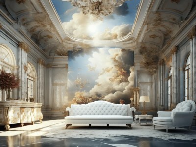 Living Room With An Ornate Ceiling Decorated With Clouds