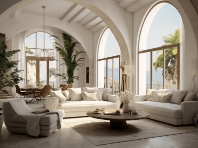 Living Room With Arched Windows Overlooking The Sea