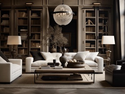 Living Room With Black Sofas And White Coffee Tables