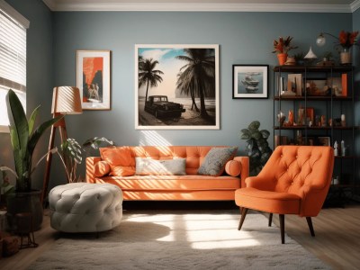 Living Room With Blue Walls And Orange Furniture