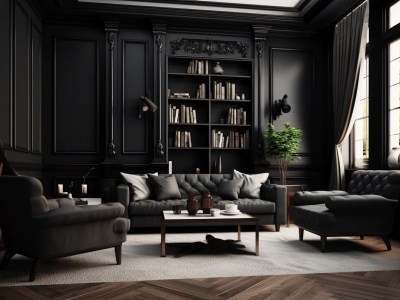 Living Room With Bookshelves In Black Color