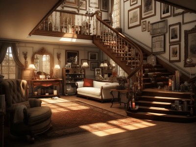 Living Room With Couches And A Stairs