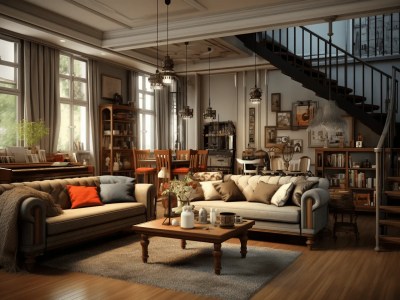 Living Room With Couches, Tables, And A Staircase