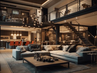 Living Room With Dark Furniture And Staircases