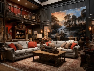 Living Room With Dark Hardwood Floors And An Art Mural On The Wall