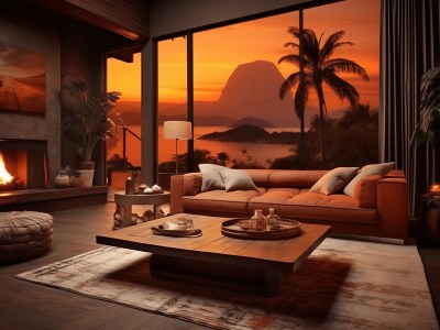 Living Room With Fireplace And Sunset Scenes