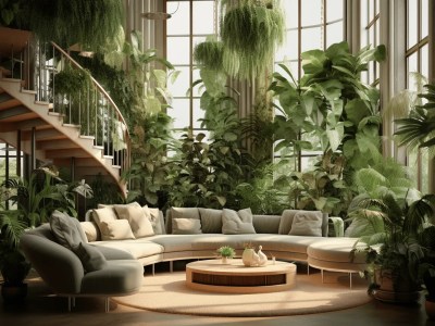 Living Room With Large Spiral Staircase Decorated With Green Plants