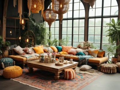 Living Room With Large Windows And Colorful Pillows