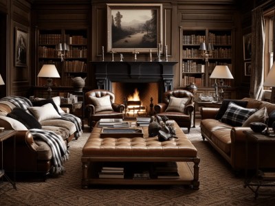 Living Room With Many Leather Chairs, Brown Sofa, Coffee Table And Fireplace