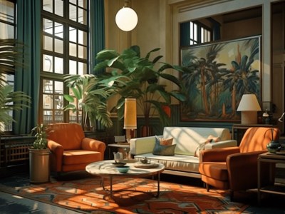 Living Room With Orange Furniture And Plants