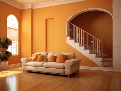Living Room With Orange Walls And White Furniture On A Wooden Floor