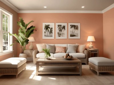 Living Room With Peach Walls And Tropical Decor