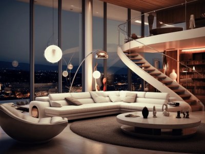 Living Room With Sofas And A Circular Staircase