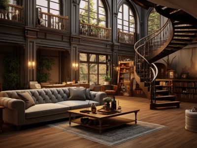 Living Room With Spiral Staircase And Couches