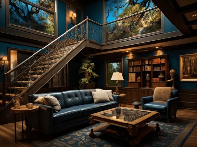 Living Room With Stairs And Lots Of Blue Furniture