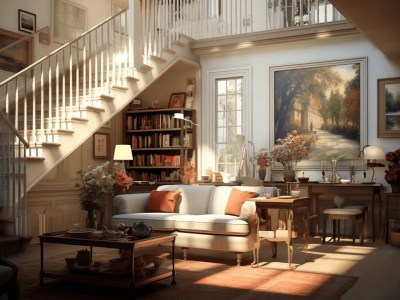 Living Room With Stairs And Painting