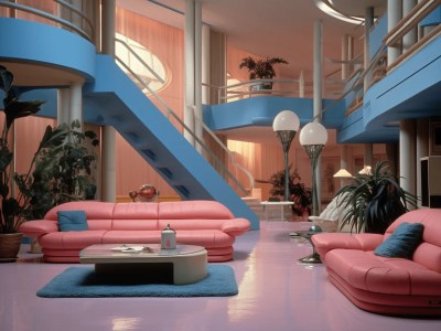 Living Room With Stairs, Couch, And Pink Table