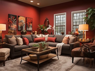 Living Room With The Living Room Decorated In Red And Gray Furniture