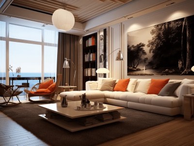 Living Room With White Upholstery And Orange Accents
