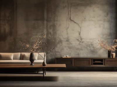 Living Room With Wooden Furniture And A Concrete Wall