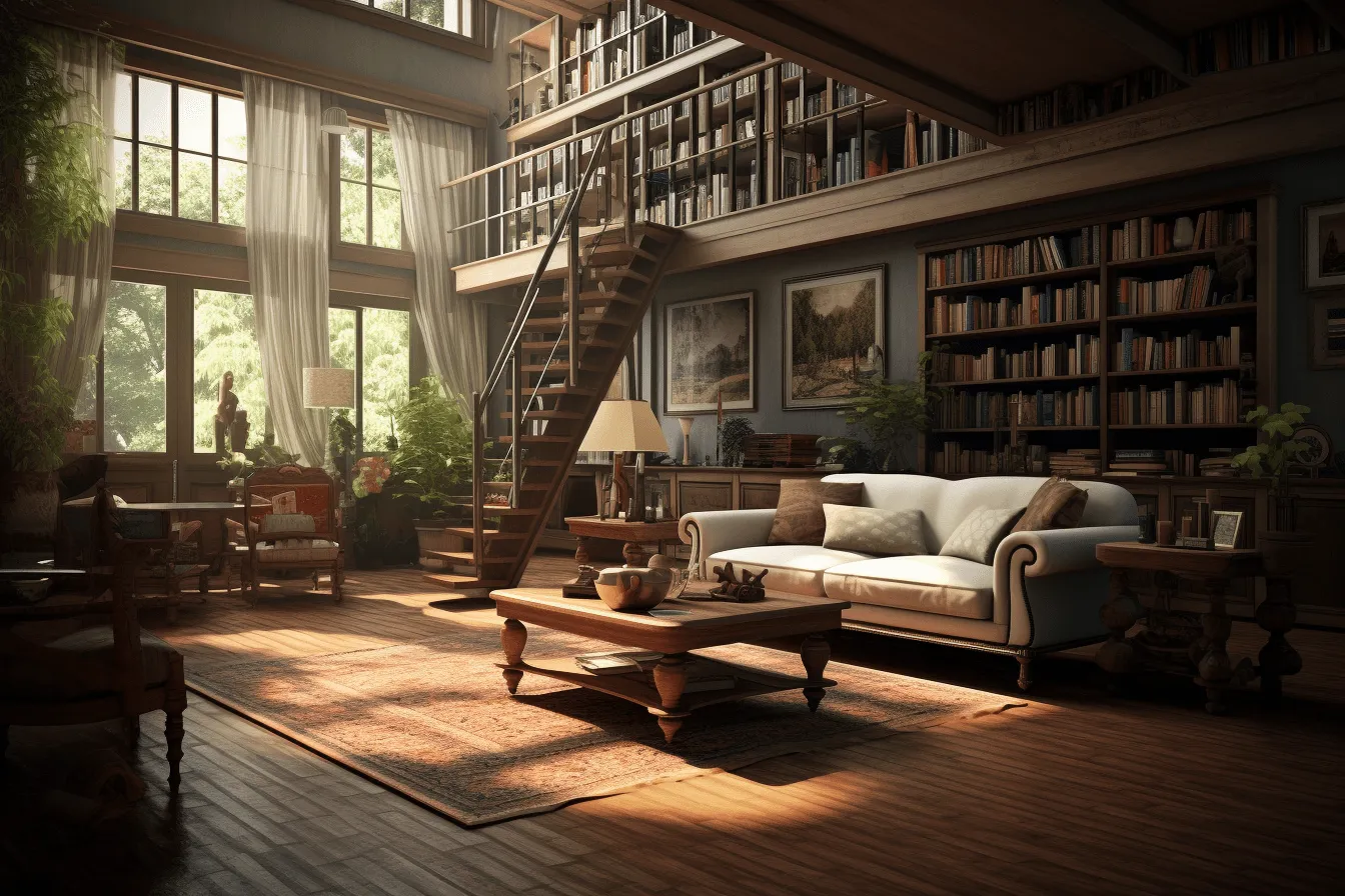 Library with bookshelves and a couch, realistic yet romantic, cryengine, american tonalism, solarizing master, uhd image, industrial elements, everyday life