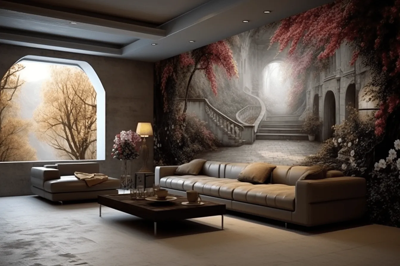 Living room in the forest with large windows, hyperrealistic murals, dark silver and light crimson, italian landscapes, victorian era, flower and nature motifs, passage, neo-concrete