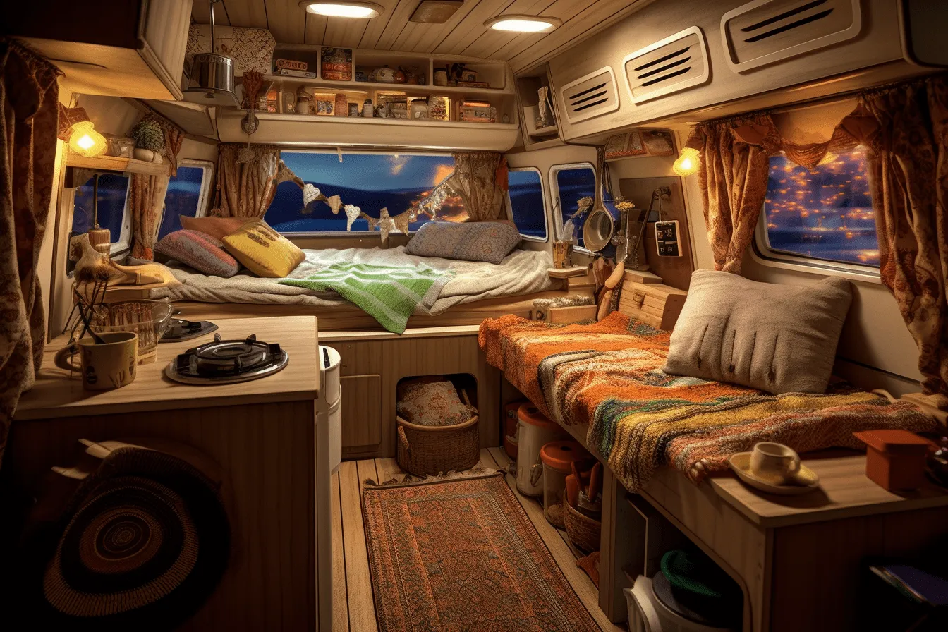 Rv interior with a bed, couches and small furniture, atmospheric environments, rendered in maya, traditional mexican style, photorealistic scenes, light amber and amber, fujifilm velvia, groovy
