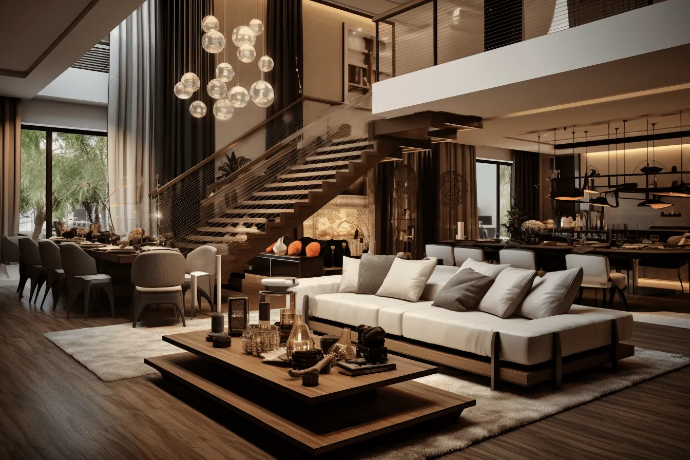 Living area is displayed in 3d with a staircase, dark amber and beige, vray tracing, richly layered, weathercore, maximalism, cabincore, luxurious interiors