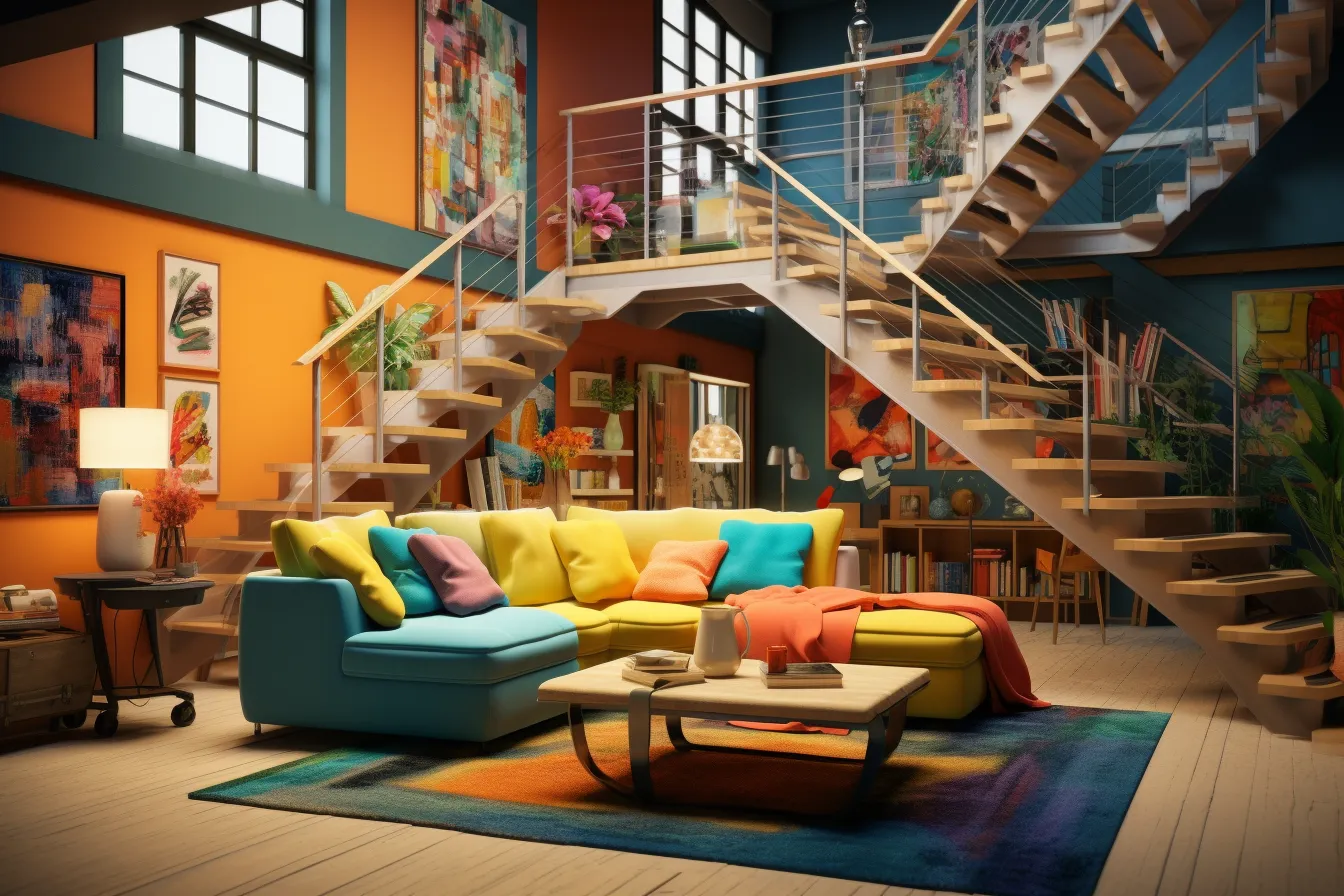 Living area with colorful furniture and a staircase, highly realistic, multilayered, 8k resolution, vivid color scheme, urban, colorful whimsy, atmospheric mood