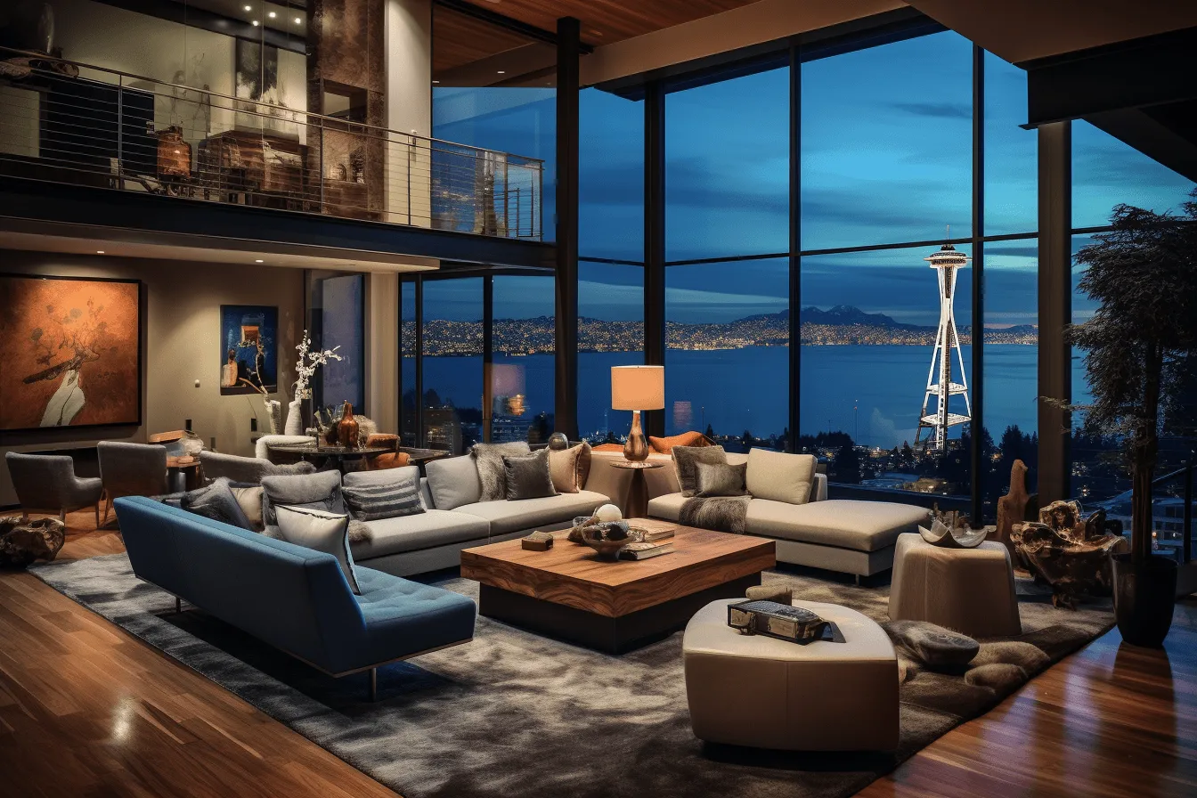 Living room of a loft bedroom home offers a view over the water, the san francisco renaissance., 32k uhd, modernism-inspired portraiture, moody lighting, aerial view, indigo and gold, contemporary glass