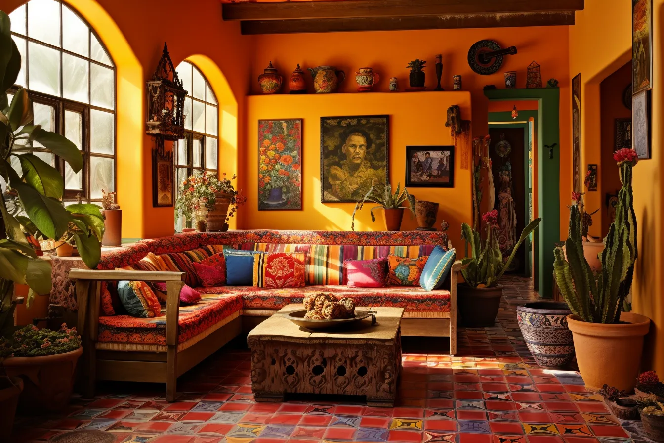 Living area with painted walls, mexican folklore-inspired, dark orange and light green, new american color photography, patchwork patterns, old-world charm, mediterranean landscapes, rendered in maya