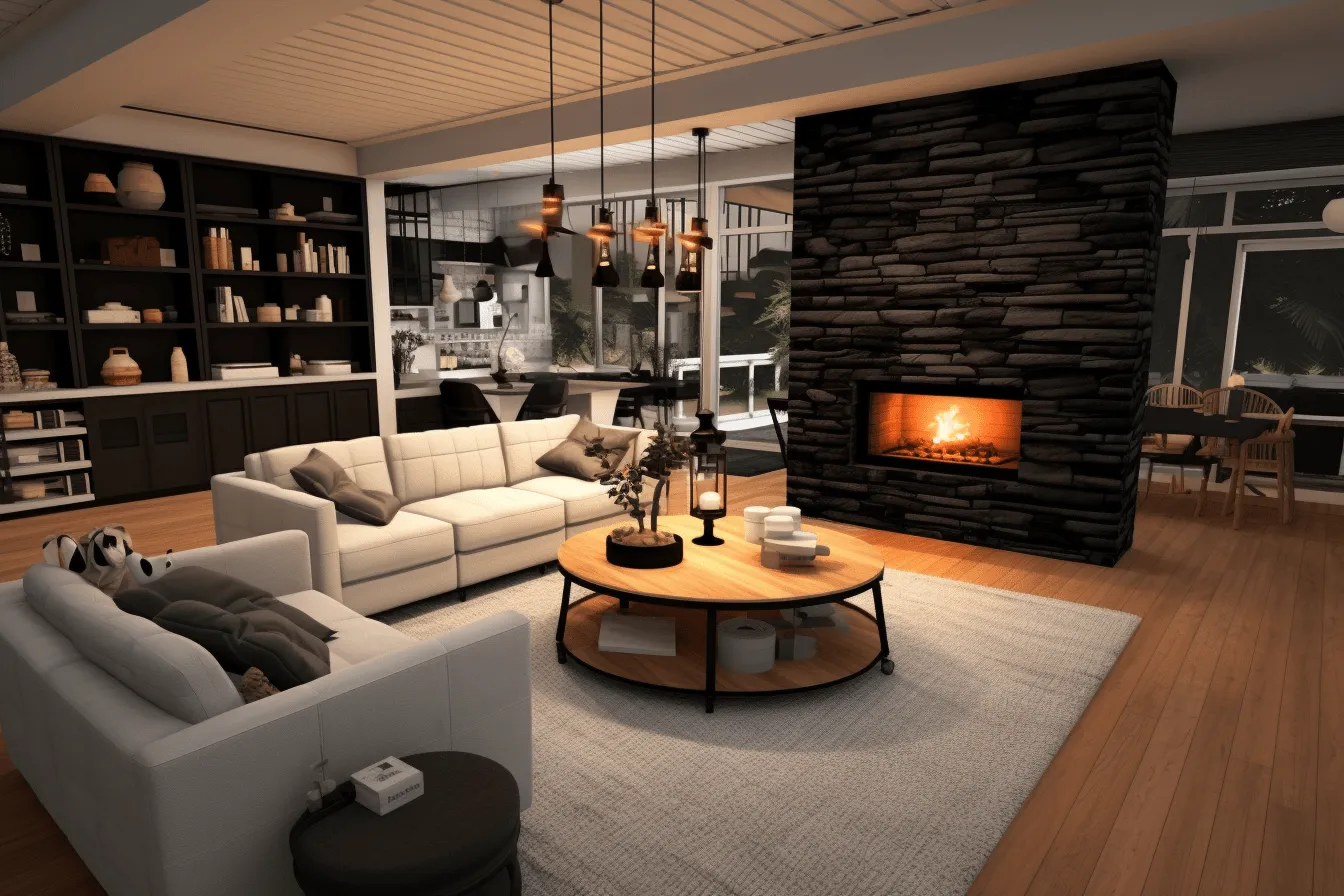 Living room  living room by julia smith, rendered in unreal engine, dark black and light amber, rustic texture, danish design, captivating lighting, uhd image, multilayered dimensions