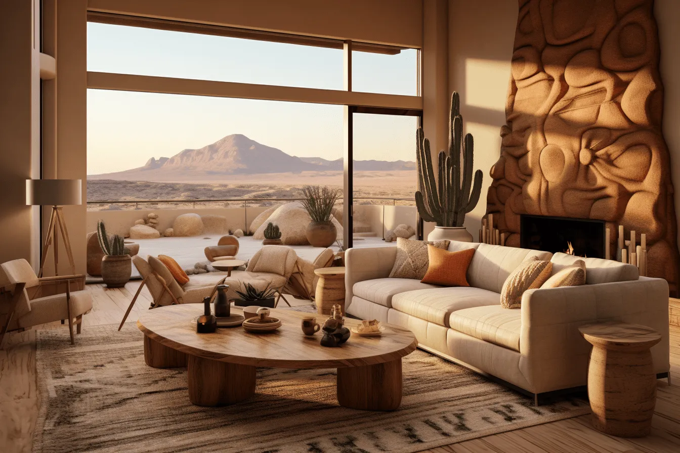 Living room area with several couches, layered landscapes, desertwave, daz3d, golden light, utilizes, tabletop photography, beige